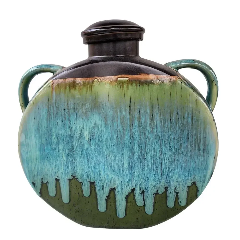 Drip Glaze Pilgrim Flask Vase | Blue Green Sculptural Pottery Decor